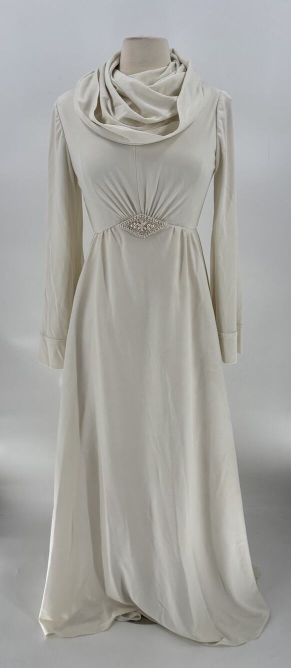 Vintage House of Bianchi Wedding Dress Womens XS White 60s 70s Bead Cowl Grecian